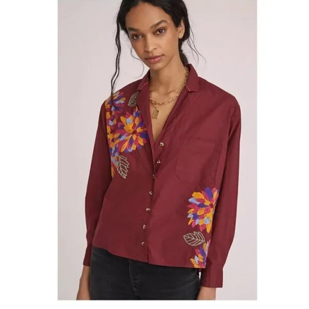 ♥️🌸 Anthropologie Burgundy Floral Button Down Shirt 🥀